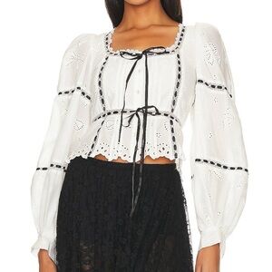 For Love And Lemons Rowan White Eyelet Peasant Blouse with Black Trim